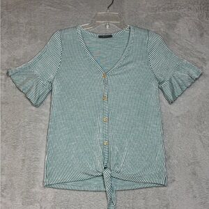 GYFT Women's Short Sleeve Green and White Striped T shirt Front Tie Size Small